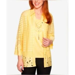 Alfred Dunner Size 14 Butter Yellow Floral Mesh Eyelet Button-Up Top w/ Tank